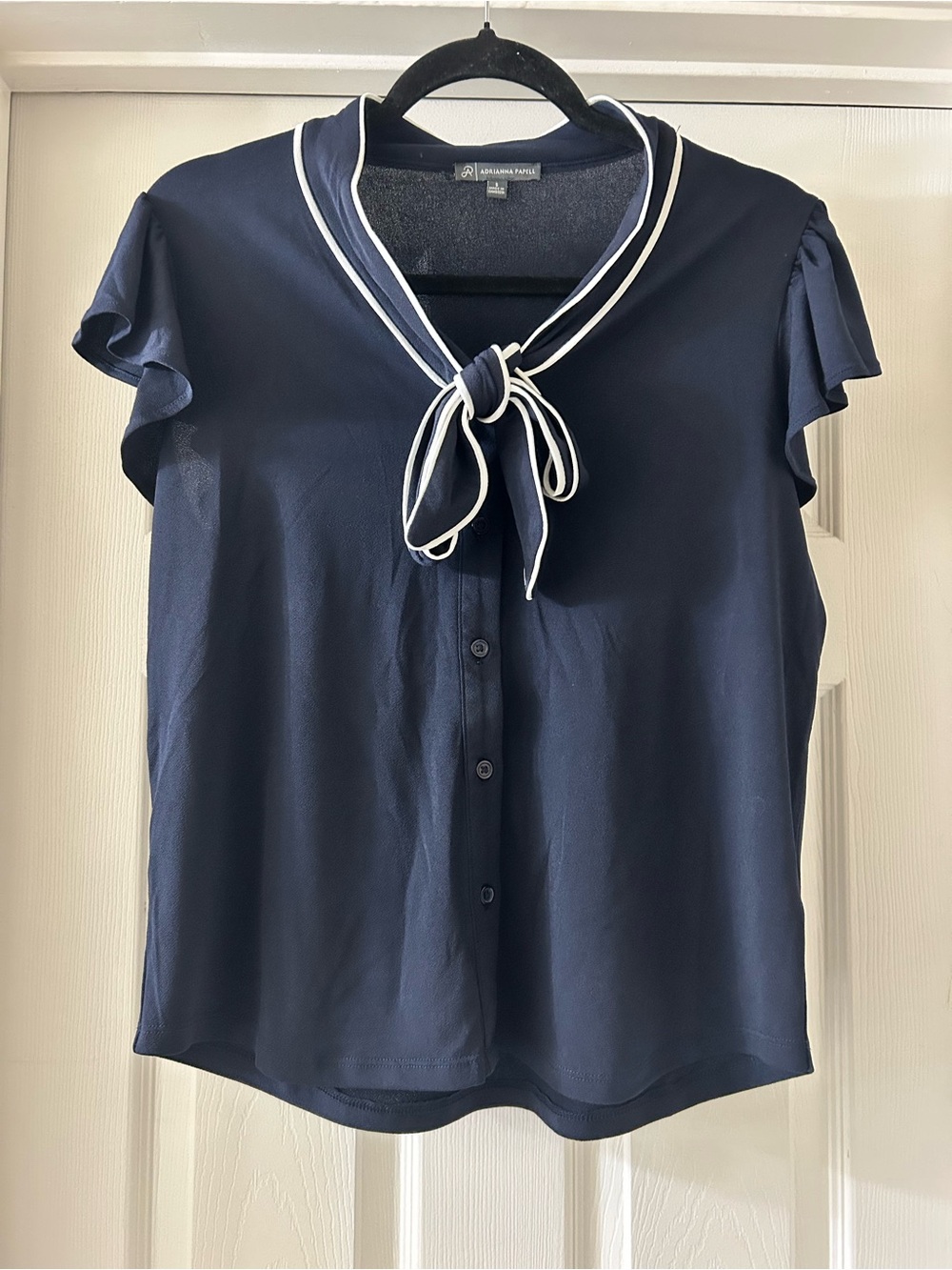 Adrianna Papell Navy Blouse with White Trim Tie Neck